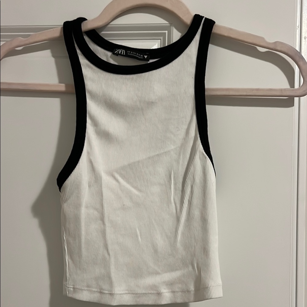 Zara White and Black Ribbed Tank Top